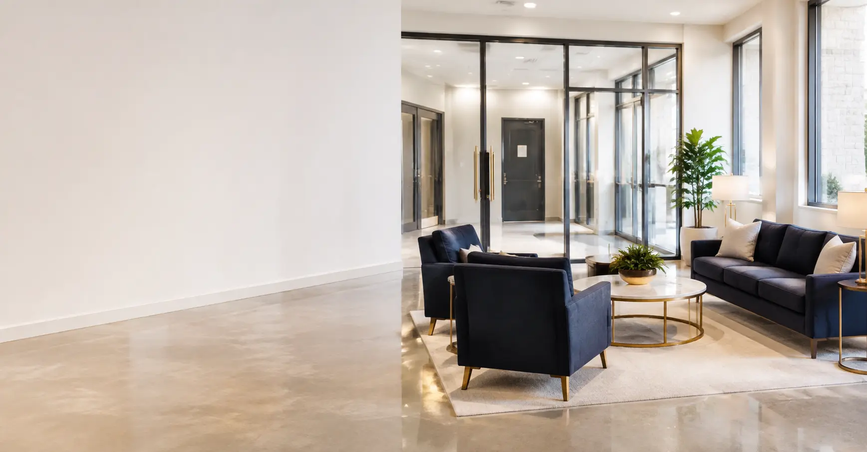 Polished modern professional lobby with immaculate floors and navy seating