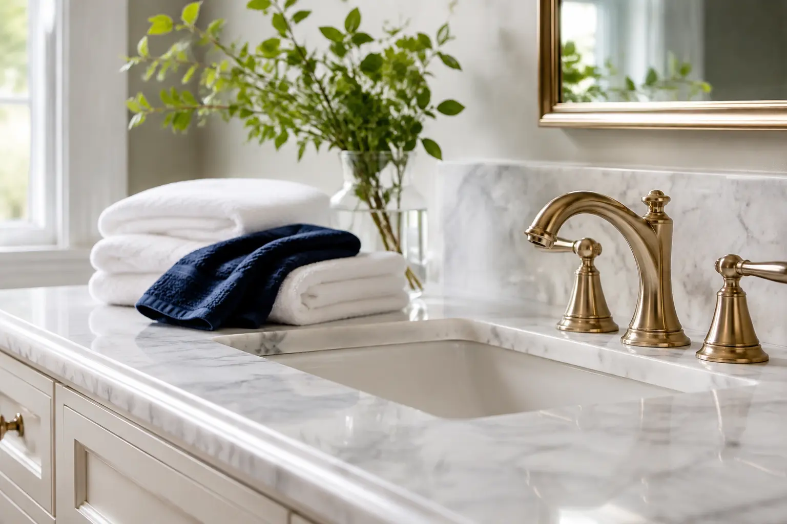 Freshly cleaned marble counter with brass fixtures, white towels, and greenery