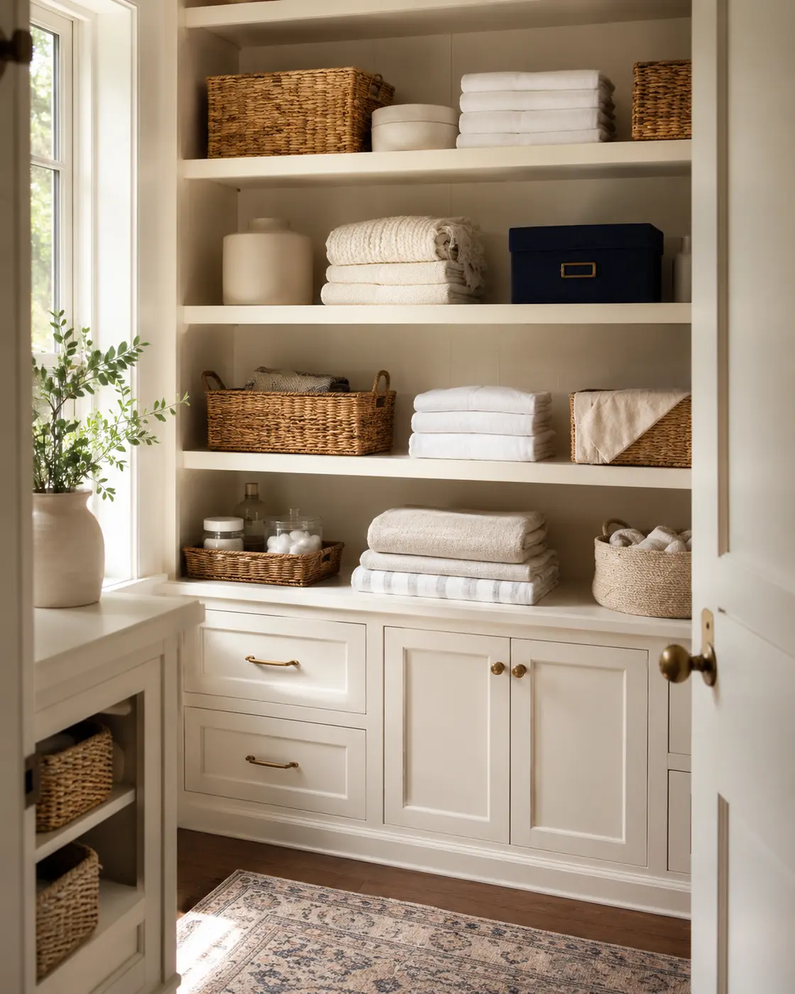 Beautifully organized pantry with warm ivory cabinetry and woven baskets